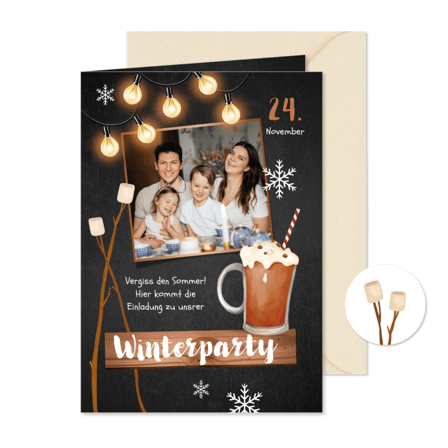 Winterparty Einladung mit Foto und Lichterkette - Kartenvorschau
