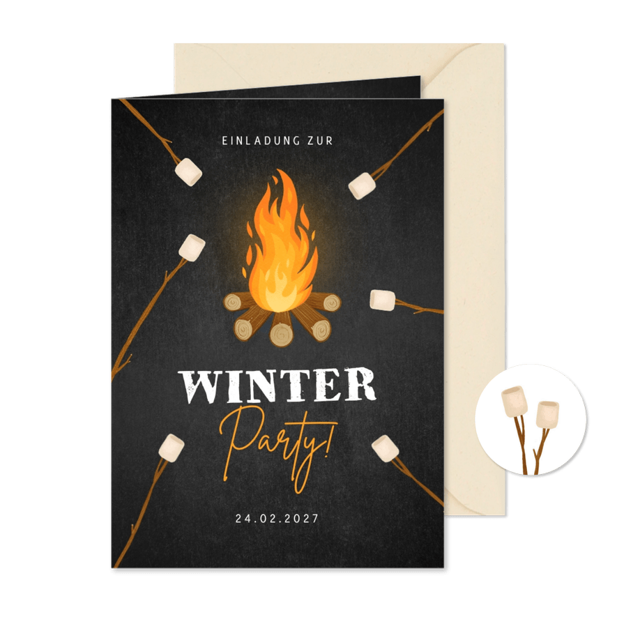 Winterparty Einladungskarte Lagerfeuer mit Marshmallows - Karteneindruck
