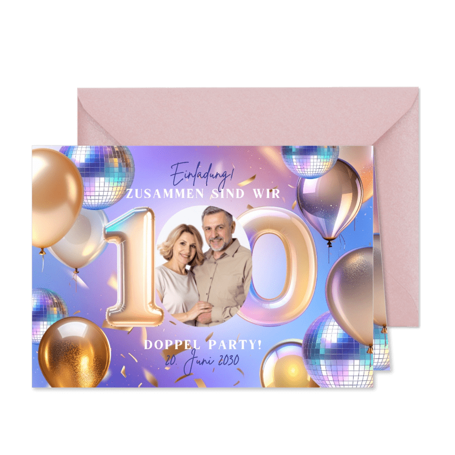 Zusammen feiern 100 Fotokarte Doppelparty Luftballons - Karteneindruck
