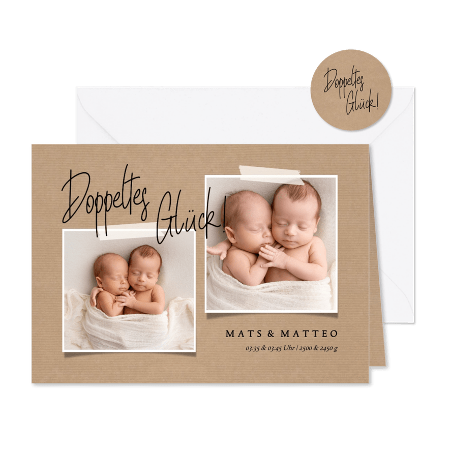Zwillingskarte zur Geburt Kraftlook & Fotos - Karteneindruck
