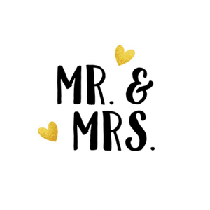 Weißer Aufkleber mit Mr. & Mrs. und kleinen Herzen