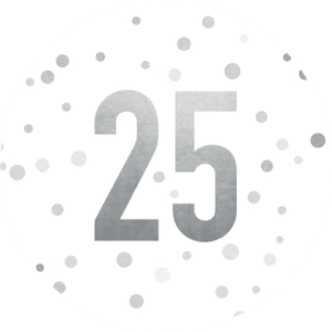 Weißer Aufkleber mit 25 und Konfetti in Silberoptik