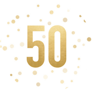 Weißer Aufkleber mit 50 und Konfetti in Goldoptik