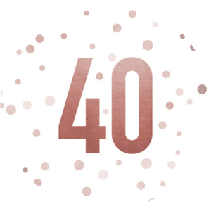 Weißer Aufkleber mit 40 und Konfetti in Kupferoptik