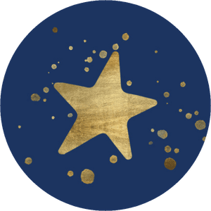 Aufkleber in Dunkelblau mit Stern und Konfetti in Goldoptik
