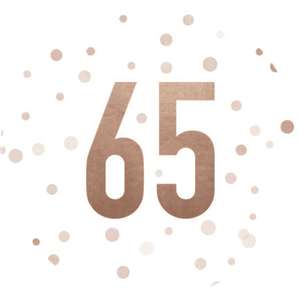 Weißer Aufkleber mit 65 und Konfetti in Kupferoptik