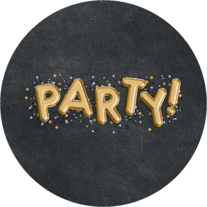Grau-schwarzer Aufkleber mit Party in Goldoptik