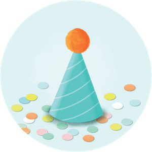 Aufkleber mit Partyhut und buntem Konfetti