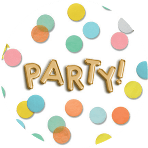 Weißer Aufkleber mit Party und buntem Konfetti
