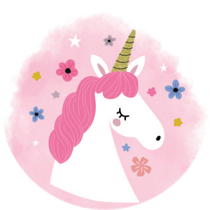 Aufkleber mit Einhorn und Blumen auf rosa Aquarell