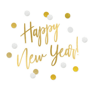 Weißer Aufkleber mit Konfetti und Schrift in Goldoptik 