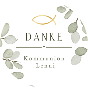 Danke-Sticker zur Kommunion mit Fisch und Eukalyptuszweigen. Texte einfach personalisieren.