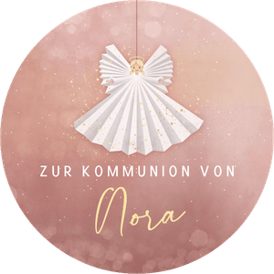 Dekosticker zur Kommunion mit Papierengel und eigenem Namen. Text einfach personalisieren.