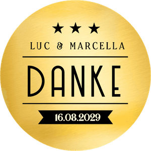 Dekosticker in Goldoptik im Art Déco Stil mit großem Danke, Namen und Datum.
