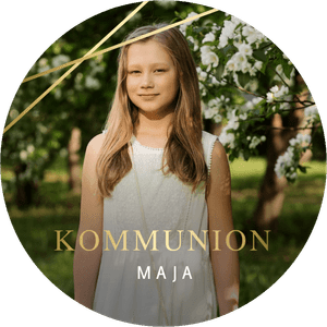 Foto-Sticker zur Kommunion mit goldenen Linien und eigenem Namen. Einfach anzupassen.