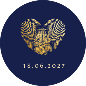 Dekosticker in dunkelblau mit goldenen Fingerabdrücken und Hochzeitsdatum.