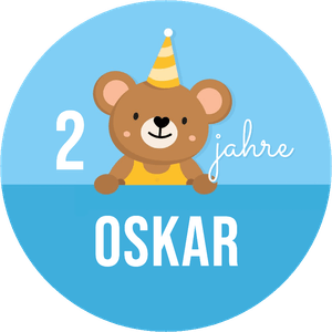 Dekosticker zum 2. Geburtstag mit kleinem Bär mit Partyhut. Kindername selber anpassen.