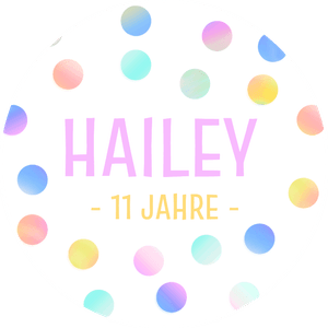 Bunter Sticker zum Kindergeburtstag, mit Konfetti, Name und Alter. Selber anpassen.