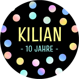 Dekosticker mit buntem Konfetti und Name zum Kindergeburtstag. Einfach personalisieren.