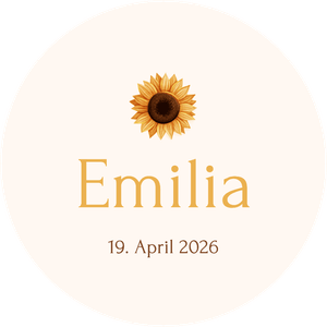 Personalisierter Dekosticker mit Sonnenblume, Name und Datum. Perfekt zur Kommunion oder Jugendfest.