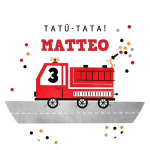 Dekosticker mit Feuerwehrauto, Konfetti und eigenem Namen. Perfekt für den Kindergeburtstag.