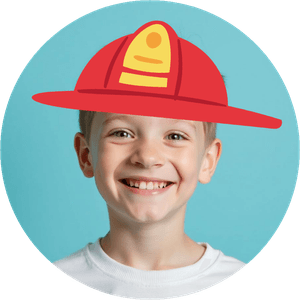 Lustiger Dekosticker mit eigenem Foto und Feuerwehrhelm. Perfekt für den Kindergeburtstag.