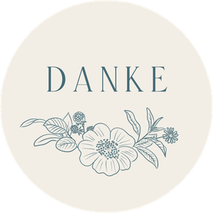 Danke-Sticker auf Beige mit bauen Blumen. Perfekt zur Hochzeit.