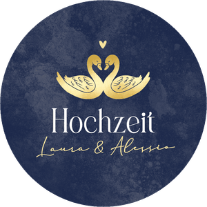 Dekosticker zur Hochzeit in dunkelblau mit zwei goldenen Schwänen und eigenen Namen.