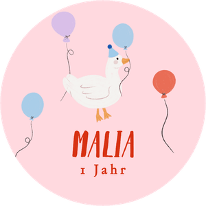 Süßer Dekosticker mit kleiner Gans und Luftballons. Zum Kindergeburtstag mit eigenem Namen.