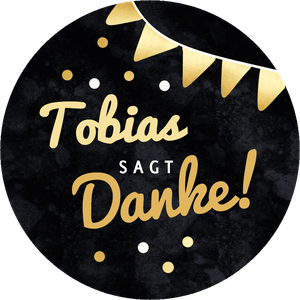 Danke-Sticker in schwarz-gold mit Wimpelkette, Konfetti und eigenem Namen. Einfach anpassen.