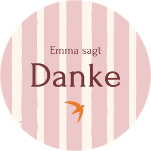 Personalisierter Danke-Sticker mit rosa Streifen und eigenem Namen. Einfach anpassen.