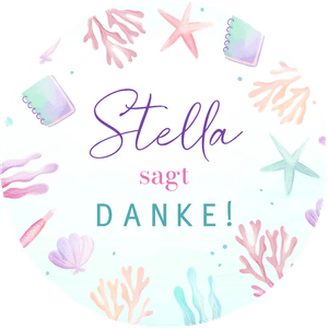 Dekosticker zum Kindergeburtstag im Meerjungfrau-Stil, mit Muscheln, Seesternen und Korallen.