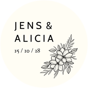 Schlichter Dekosticker mit Namen und Blumen in Linienzeichnung. Hochzeitsticker auf Beige.