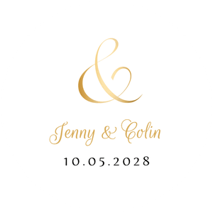 Einfacher Dekosticker mit goldenem Ampersand, Namen und Datum zur Hochzeit.