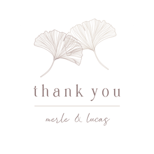 Schlichter Dekosticker mit Linienzeichnung von Ginkgoblättern und 'thank you', passend zur Hochzeit.