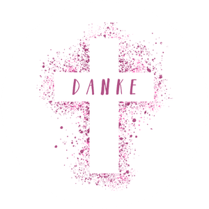 Weißer Dekosticker mit rosa Klecksen als Kreuz und 'Danke' zur Kommunion oder Konfirmation.