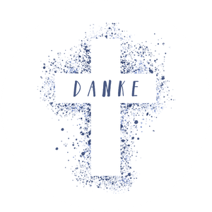 Weißer Sticker mit blauen Klecksen als Kreuz und 'Danke', zur Kommunion oder Konfirmation.