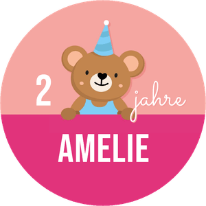 Rosa Dekosticker mit kleinem Bär mit Partyhut auf Rosa. Name selber anpassen.