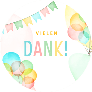 Bunter Dekosticker mit Luftballons und Wimpelkette 'Vielen Dank'.