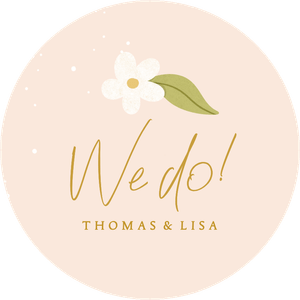 Dekosticker zur Hochzeit mit kleiner weißer Blüte und Aufschrift 'We do'. Eigene Namen hinzufügen.