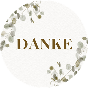 Dekosticker mit großem 'DANKE', umrandet von Eukalyptuszweigen. Passend zur Hochzeit.