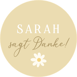 Danke-Sticker in Gelb mit kleiner weißer Blüte und eignem Namen. Einfach anpassen.
