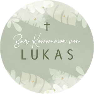 Dekosticker in Grün mit hellen Blättern, Name und kleinem Kreuz. Zur Kommunion oder Konfirmation.