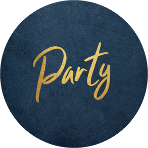 Dunkelblauer Aufkleber mit Party in Goldoptik