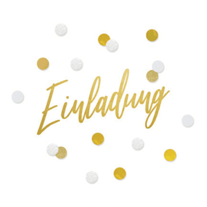 Weißer Aufkleber mit Konfetti und Einladung in Goldoptik