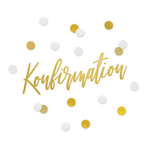 Weißer Aufkleber mit Konfetti und Konfirmation in Goldoptik