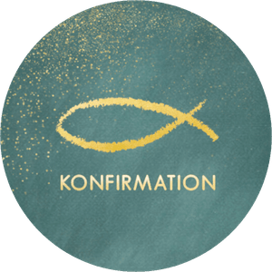 Grüner Aufkleber mit Konfirmation und Fisch in Goldoptik