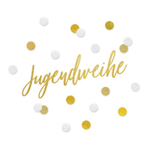 Weißer Aufkleber mit Konfetti und Jugendweihe in Goldoptik