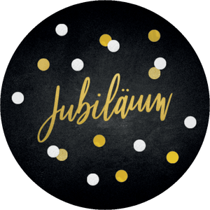 Schwarzer Aufkleber mit Konfetti und Jubiläum in Goldoptik