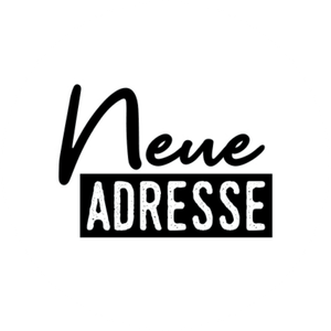 Weißer Aufkleber mit Neue Adresse in Schwarzweiß